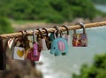 The Color love padlock locked on rope bridgeÃÂ bridge Royalty Free Stock Photo